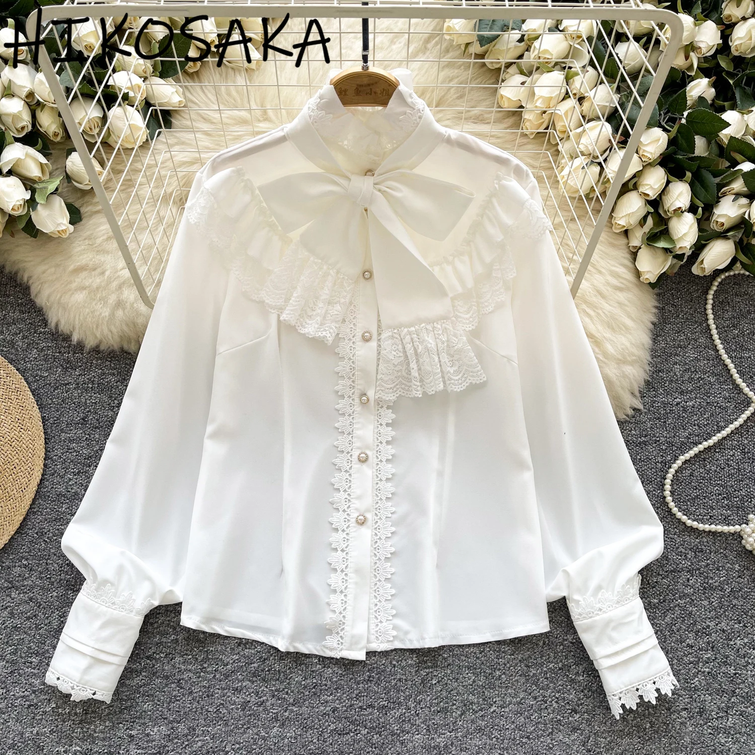 Spring New French Court Style Lantern Sleeve Blouse Bow Lace Patchwork Shirts Single Breasted Casual Simple Blouse Women
Spring New French Court Style Lantern Sleeve Blouse Bow Lace Patchwork Shirts Single Breasted Casual Simple Blouse Women