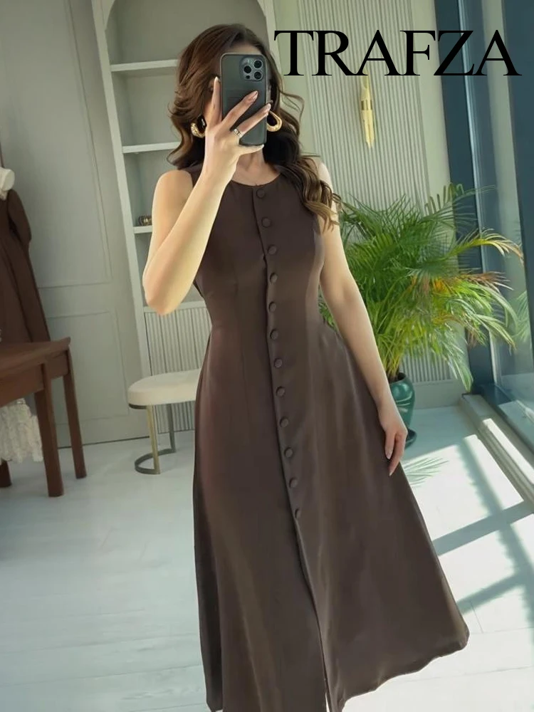 TRAFZA Women's Summer Elegant Single-Breasted Lace Decorate Solid Casual Slim Midi Dress Woman Sleeveless Beach Party Dress
TRAFZA Women's Summer Elegant Single-Breasted Lace Decorate Solid Casual Slim Midi Dress Woman Sleeveless Beach Party Dress
