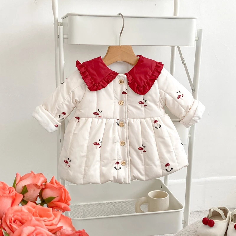 New winter baby clothing, 0-3 year old female baby, warm jacket with velvet mushroom printed cotton jacket
New winter baby clothing, 0-3 year old female baby, warm jacket with velvet mushroom printed cotton jacket