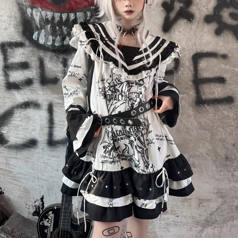 Japanese Jk Sailor Suit Dress Dark Girl Subculture Cartoon Print Ruffle Edge Navy Collar Long Sleeve Dress Goth Y2K Punk Dresses
Japanese Jk Sailor Suit Dress Dark Girl Subculture Cartoon Print Ruffle Edge Navy Collar Long Sleeve Dress Goth Y2K Punk Dresses