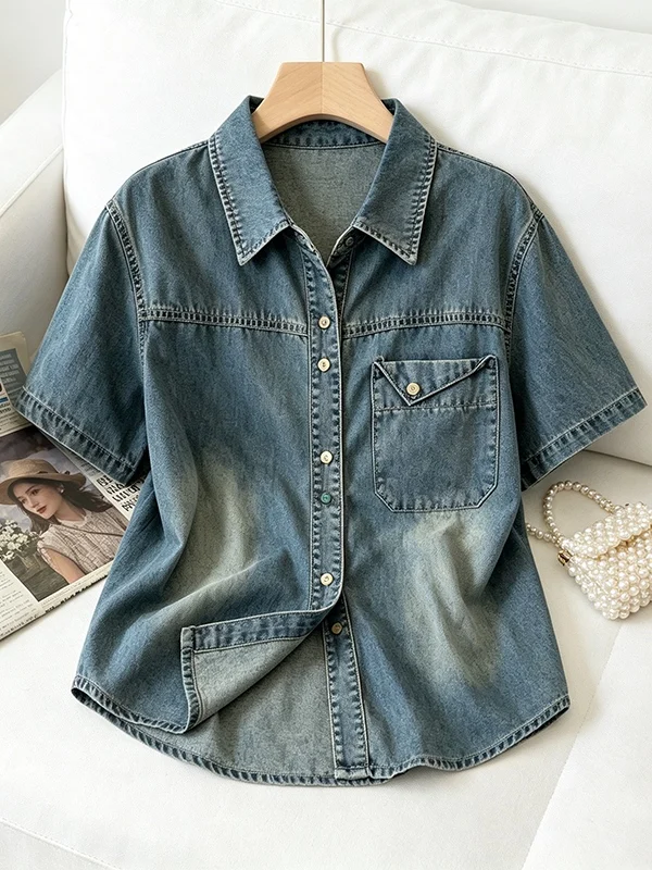 Fashionable Retro Button-Up Short Sleeve Denim Shirt for Women Large Size Spring Summer New Arrival Korean Style Commute Wind
Fashionable Retro Button-Up Short Sleeve Denim Shirt for Women Large Size Spring Summer New Arrival Korean Style Commute Wind