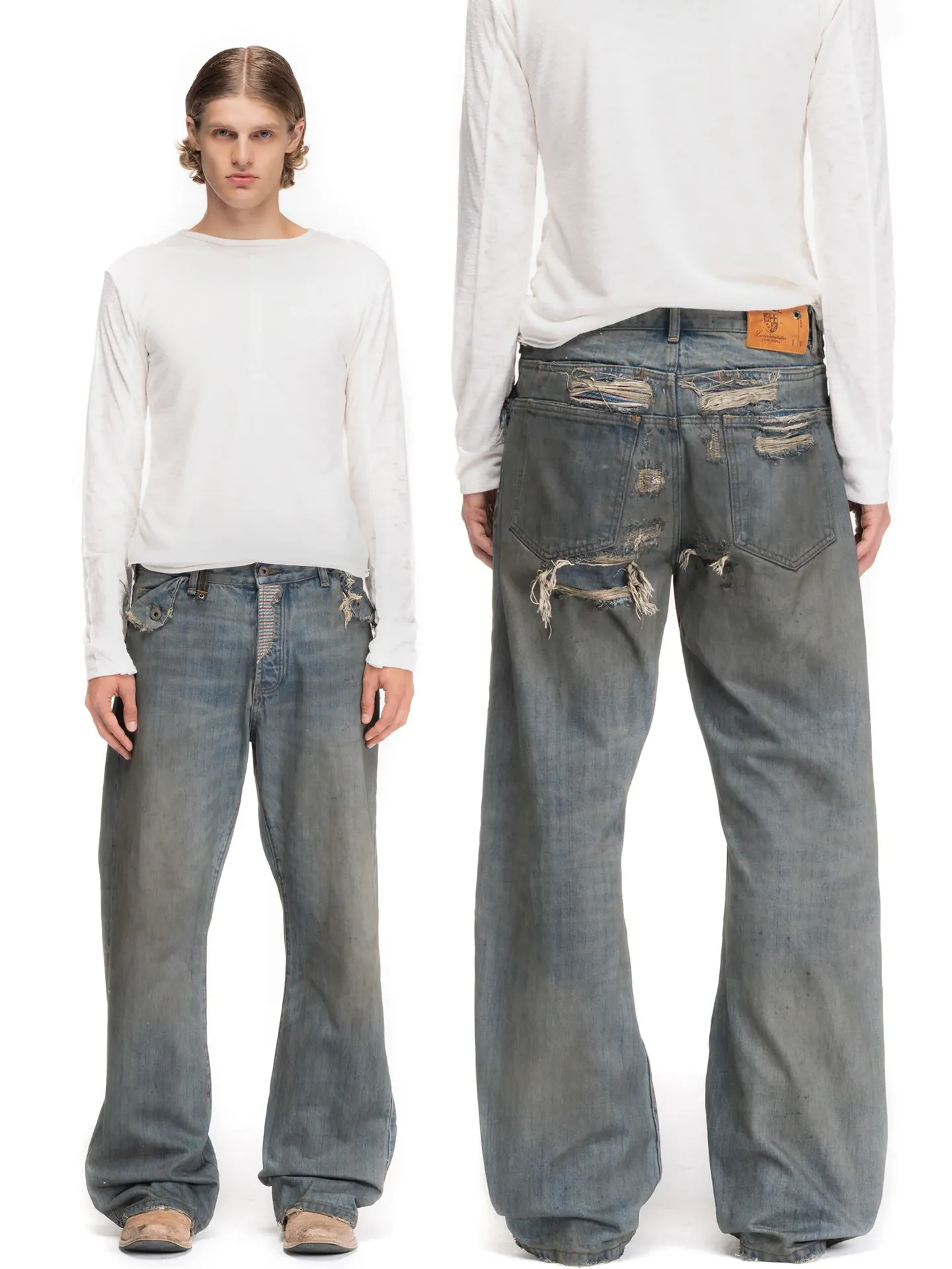 No faith purely hand-worn patchwork washed old splashing ink mud dyed jeans
No faith purely hand-worn patchwork washed old splashing ink mud dyed jeans
