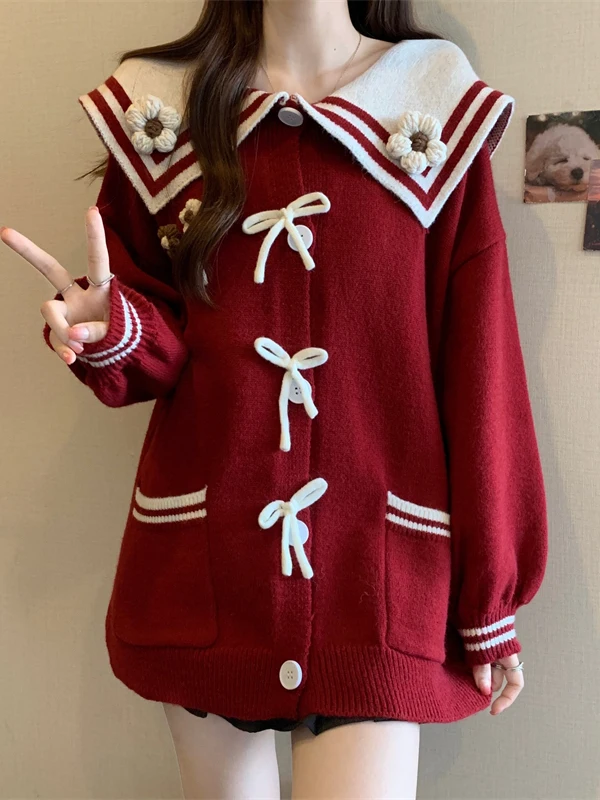 Japanese Academy Y2K Women's Red Long-sleeve Knitted Cardigan Trendy Mid-length Autumn Outfit Featuring Collar Bow Badydoll Tops
Japanese Academy Y2K Women's Red Long-sleeve Knitted Cardigan Trendy Mid-length Autumn Outfit Featuring Collar Bow Badydoll Tops