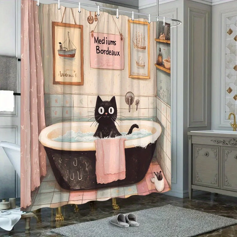 1pc Black Cat in Vintage Bathtub Shower Curtain - Nautical Theme, Pink Towel & Posters, 70.8x70.8", Polyester, 12 Hooks,Washable
1pc Black Cat in Vintage Bathtub Shower Curtain - Nautical Theme, Pink Towel & Posters, 70.8x70.8", Polyester, 12 Hooks,Washable