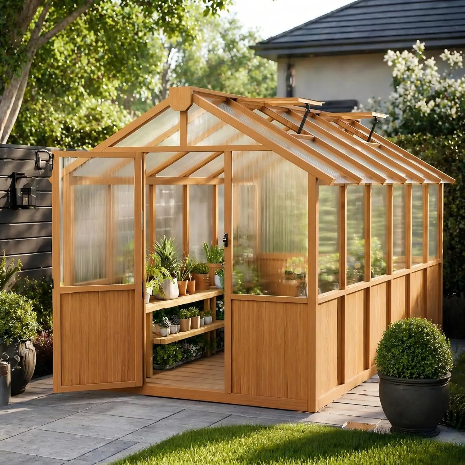 Custom 6x12 FT Outdoor Wooden Walk-in Greenhouse, Heavy Duty Polycarbonate Panels with Adjustable Roof Vent
Custom 6x12 FT Outdoor Wooden Walk-in Greenhouse, Heavy Duty Polycarbonate Panels with Adjustable Roof Vent