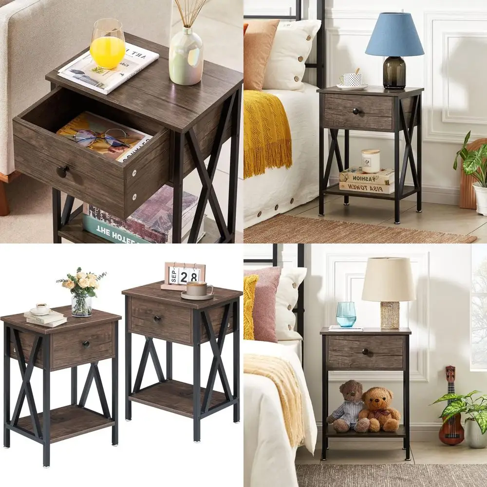Pair of Modern Industrial Nightstands - Metal Frame Bedside Tables with Drawer and Storage for Living Room and Bedroom
Pair of Modern Industrial Nightstands - Metal Frame Bedside Tables with Drawer and Storage for Living Room and Bedroom