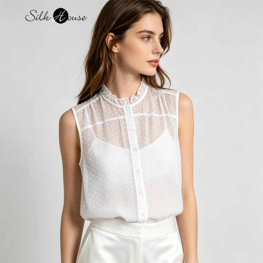 Women's Casual Summer New 100% Natural Mulberry Silk Georgette Semi Transparent Jacquard White Fungus Collar Sleeveless Vest
Women's Casual Summer New 100% Natural Mulberry Silk Georgette Semi Transparent Jacquard White Fungus Collar Sleeveless Vest