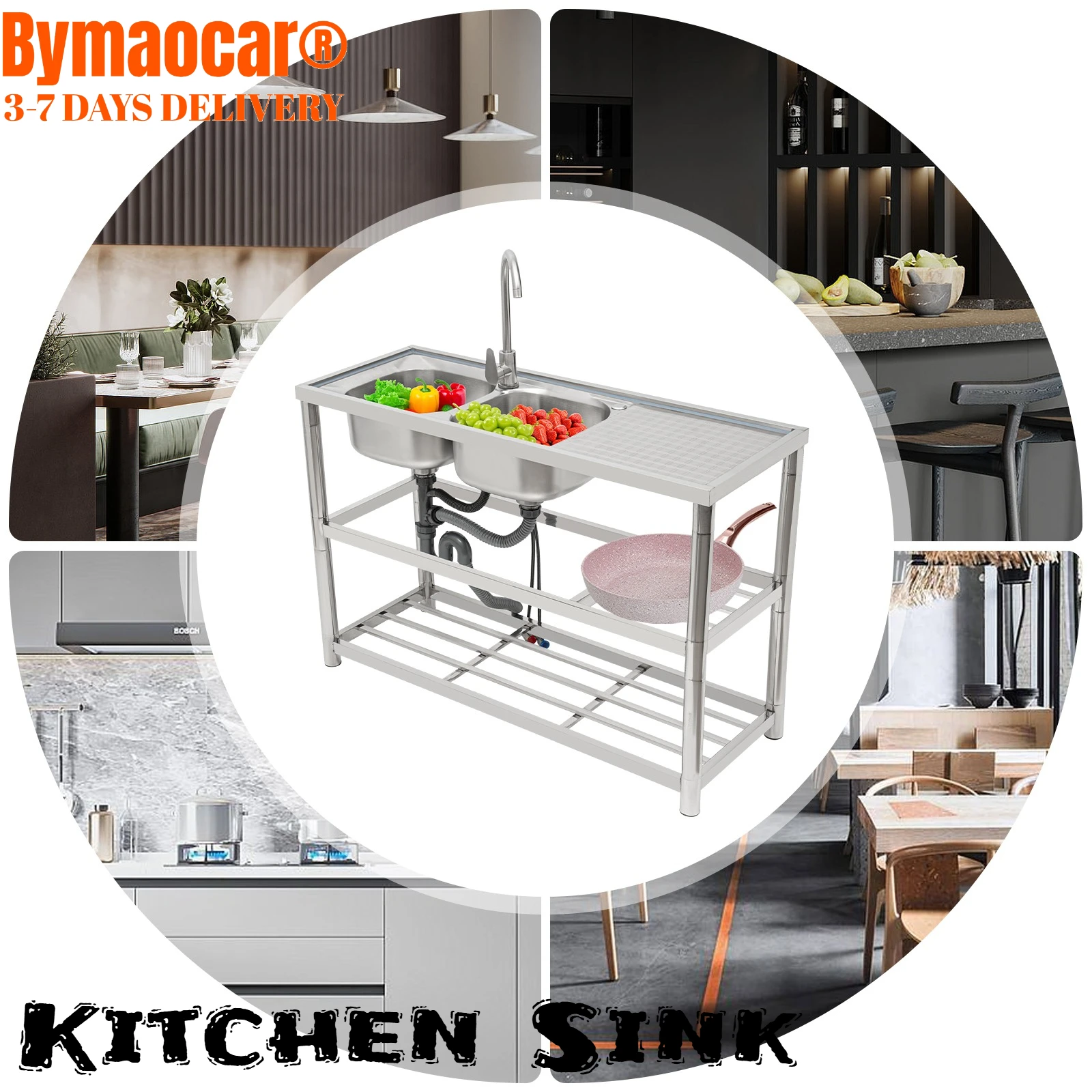 Stainless Steel Double Bowl Sink with Workbench, Free Standing Kitchen Bath Sink with Drainboards Faucet, Each Size 33*33*18cm
Stainless Steel Double Bowl Sink with Workbench, Free Standing Kitchen Bath Sink with Drainboards Faucet, Each Size 33*33*18cm