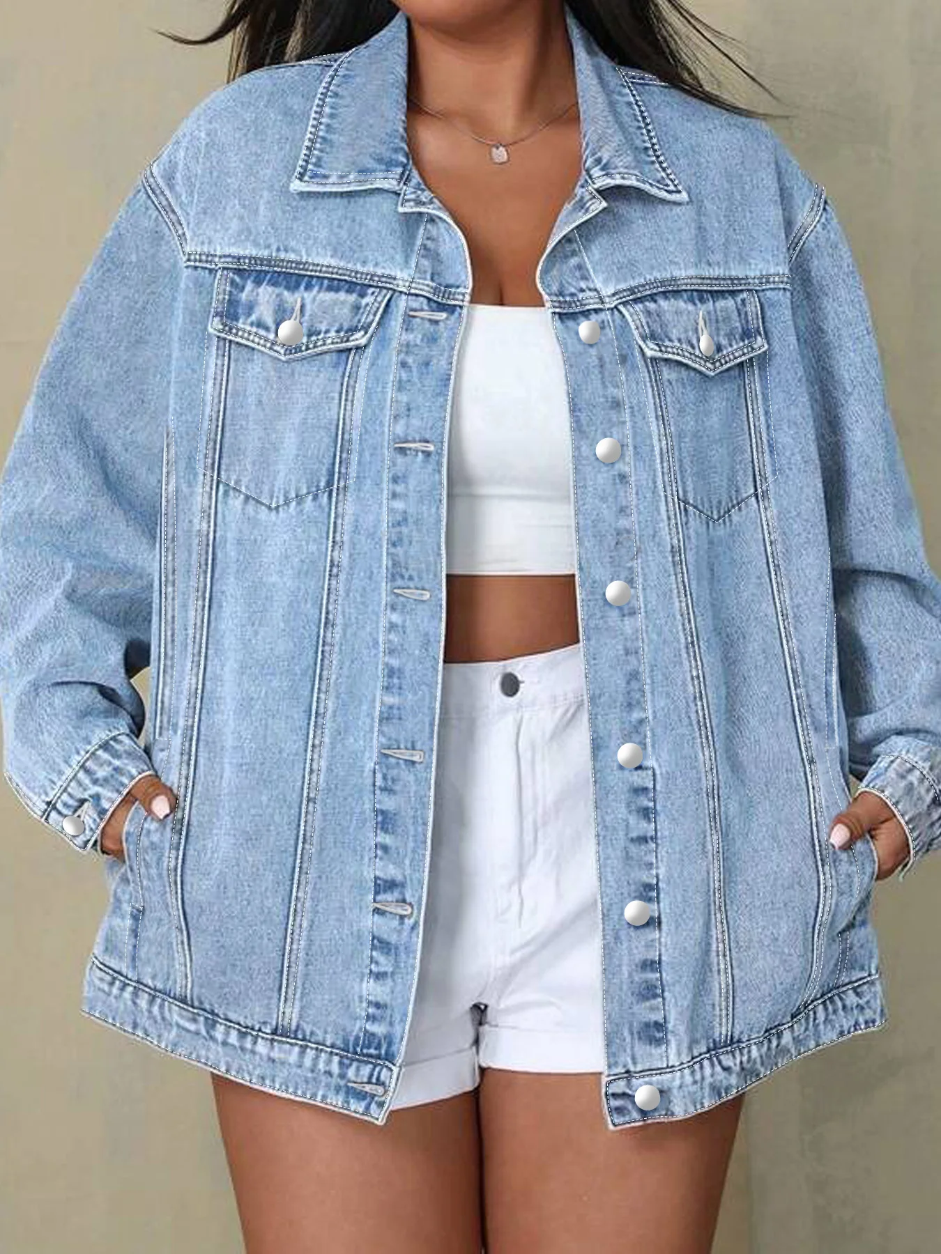 Plus Size Women's Casual Loose Denim Jacket: Comfortable, Stylish, and Simple Design.
Plus Size Women's Casual Loose Denim Jacket: Comfortable, Stylish, and Simple Design.
