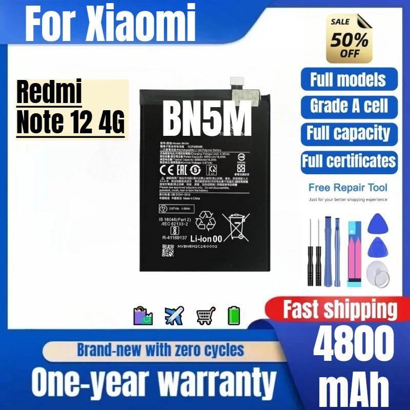 BN5M for Xiaomi Redmi Note 12 4G Phone Battery 0 Cycle High Quality High Capacity Replacement Bateria Grade A Cell with Tools
BN5M for Xiaomi Redmi Note 12 4G Phone Battery 0 Cycle High Quality High Capacity Replacement Bateria Grade A Cell with Tools