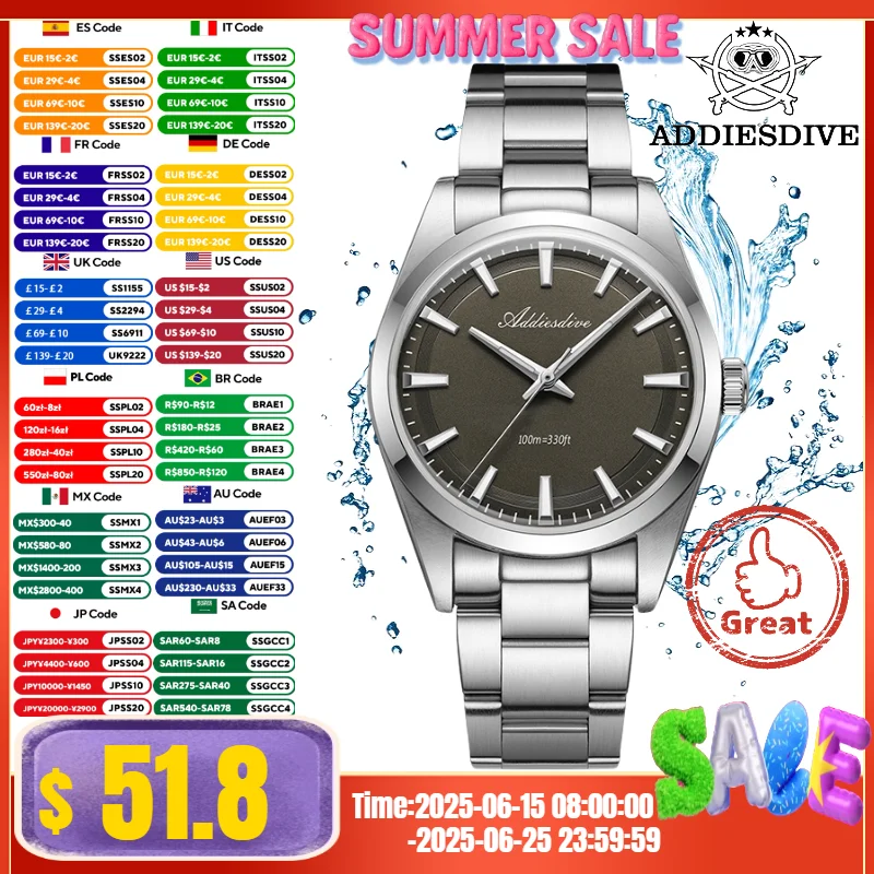 ADDIESDIVE New 36mm Men's Watch Outdoor Sports BGW9 Blue Luminous 10Bar VH31 Quartz Wristwatches Bubble Mirror Pot Cover Glass
ADDIESDIVE New 36mm Men's Watch Outdoor Sports BGW9 Blue Luminous 10Bar VH31 Quartz Wristwatches Bubble Mirror Pot Cover Glass