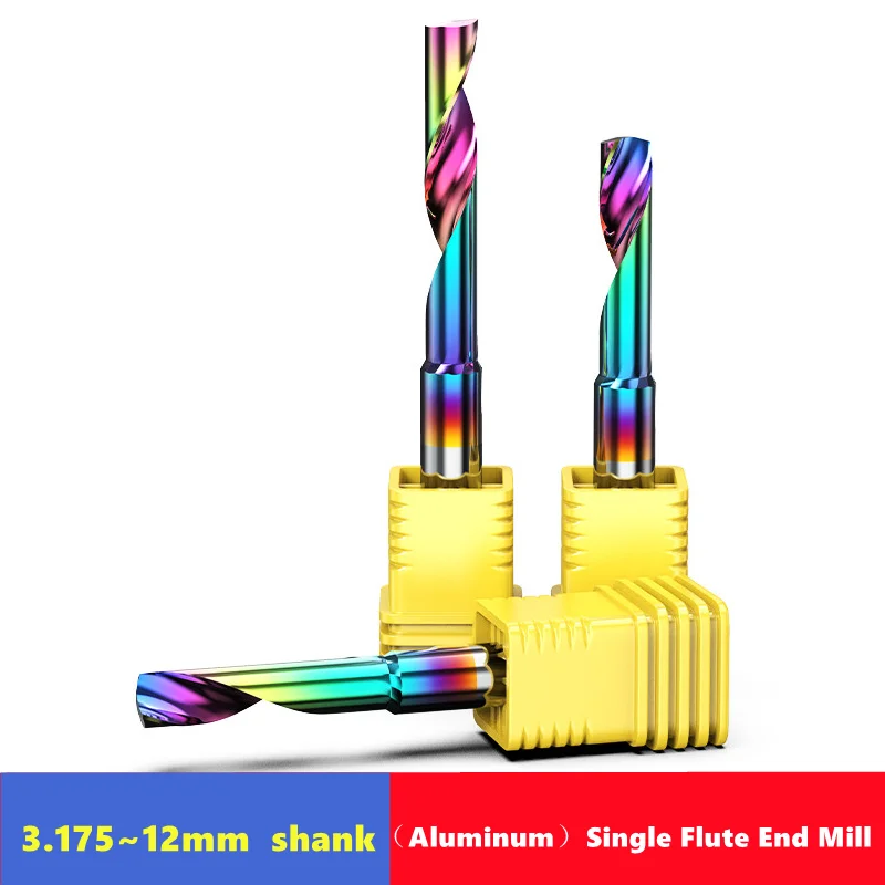 Single Flute End Mill 3.175/6/8/10/12mm Colorful Coating Spiral Router Bits for Aluminum Plate Aluminum Alloy CNC Cutting Knife
Single Flute End Mill 3.175/6/8/10/12mm Colorful Coating Spiral Router Bits for Aluminum Plate Aluminum Alloy CNC Cutting Knife