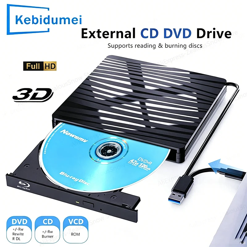 KEBIDUMEI External CD DVD Drive, USB 3.0 & Type-C 3D DVD/CD Burner Player DVD/CD/BD Reader Writer Optical Drive for Laptop PC
KEBIDUMEI External CD DVD Drive, USB 3.0 & Type-C 3D DVD/CD Burner Player DVD/CD/BD Reader Writer Optical Drive for Laptop PC