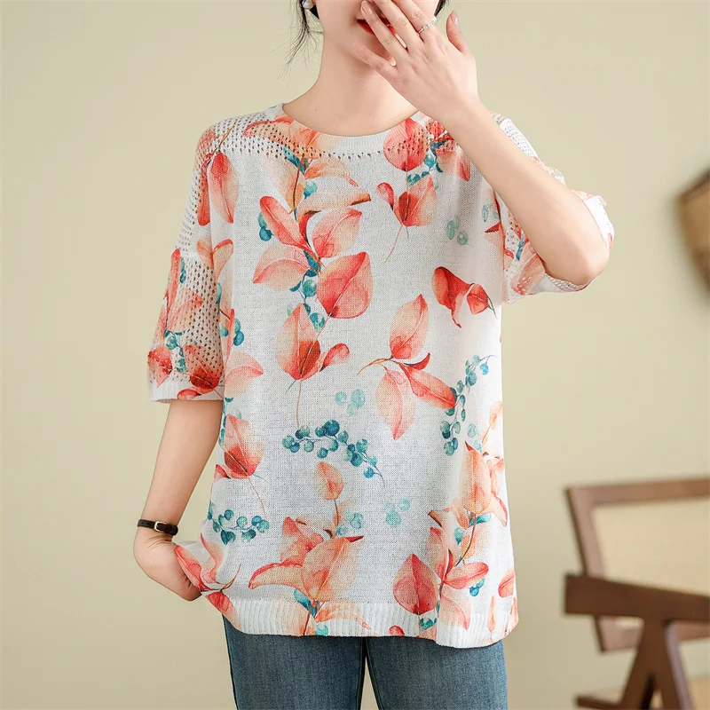 Summer Knitted T Shirt Women Sweater Pullovers Clothes Quality Tees Top Short Sleeve Casual Floral print Hollow Women's T-shirt
Summer Knitted T Shirt Women Sweater Pullovers Clothes Quality Tees Top Short Sleeve Casual Floral print Hollow Women's T-shirt