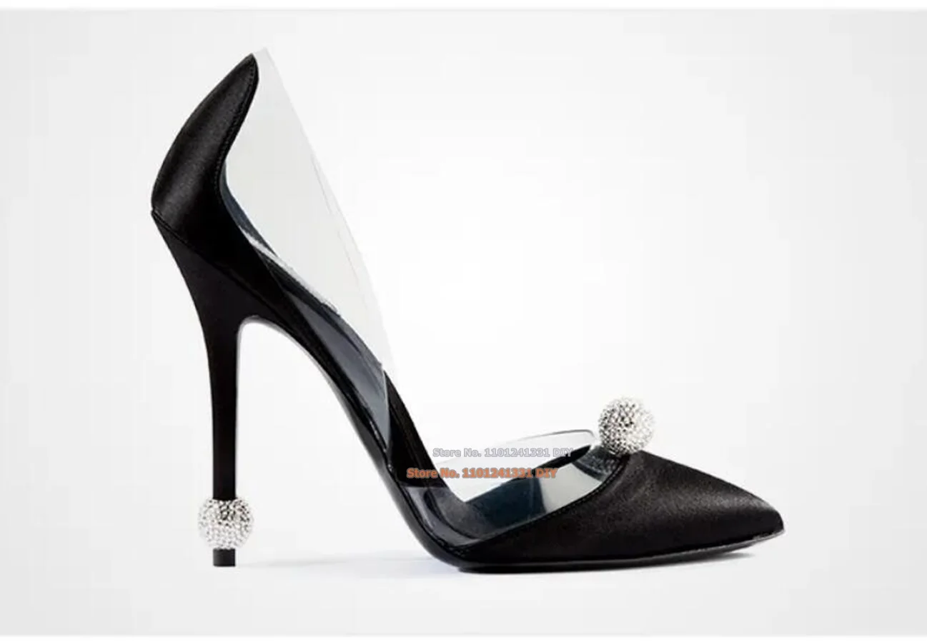 Satin Upper with Transpatent Pvc and Crystal Spheres Iron Heeled Pumps Women Pointed Toe Leather Slip On Dress Shoes
Satin Upper with Transpatent Pvc and Crystal Spheres Iron Heeled Pumps Women Pointed Toe Leather Slip On Dress Shoes