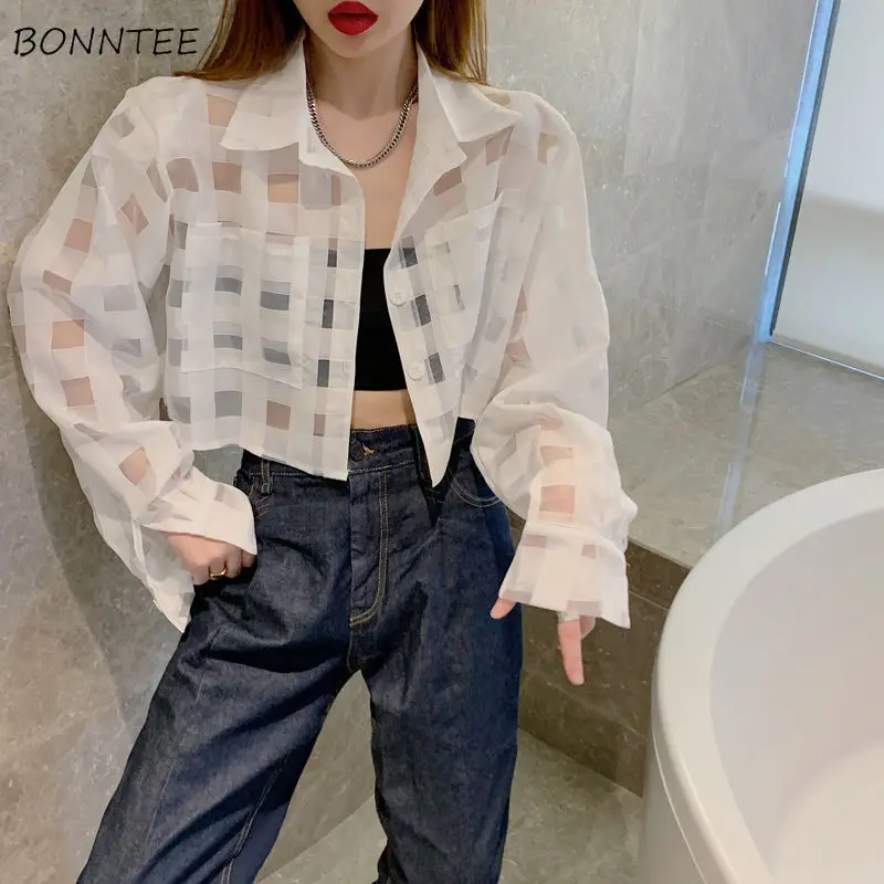 Женские клетчатые рубашки, Короткие Прозрачные Свободные корейские модные летние дышащие пальто Ins с длинным рукавом и защитой от солнца в стиле Instagram 
Женские клетчатые рубашки, Короткие Прозрачные Свободные корейские модные летние дышащие пальто Ins с длинным рукавом и защитой от солнца в стиле Instagram