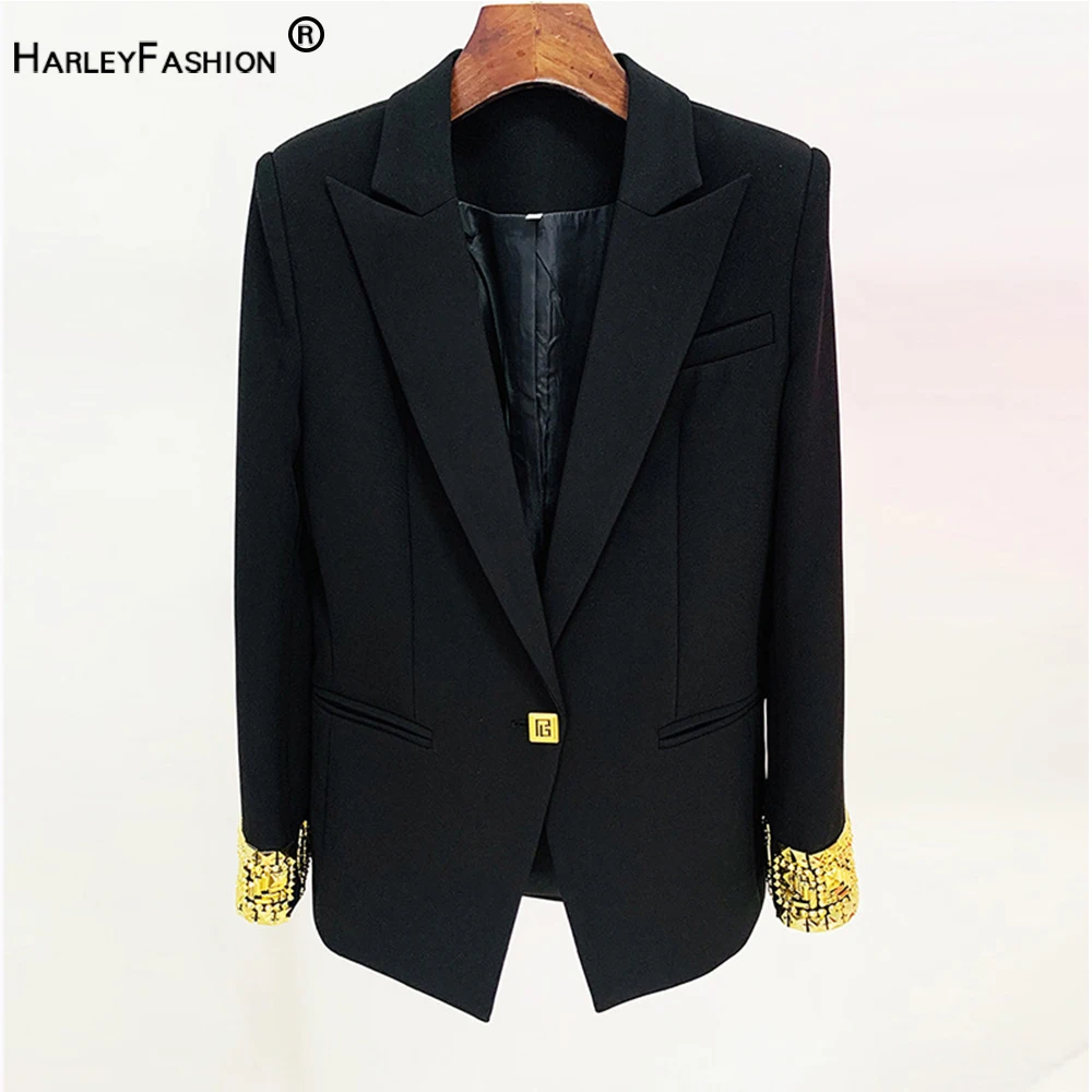 Designed Single Button Bling Gold Sequins Beading Cuff of Sleeve Fashion Elegant Women Black Blazer
Designed Single Button Bling Gold Sequins Beading Cuff of Sleeve Fashion Elegant Women Black Blazer