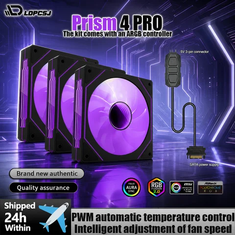 LDPCSJ PRISM 4 PRO 120mm PC Case Fan Equipped with ARGB Controller, 4-Pin PWM Silent Cooling Fan,12V 3Pin Addressable ARGB,45.2CFM High Airflow 600-1500RPM Synchronizable RGB Fan for Gaming Desktop Water Cooling Computer Chassis