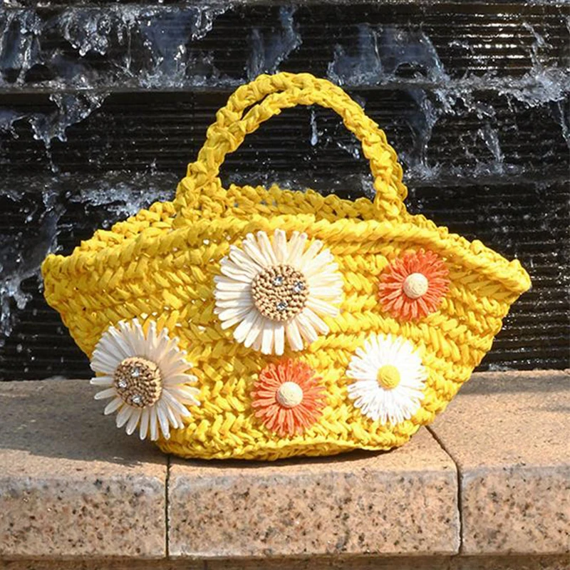 Summer Woven Basket Handbag Yellow Sunflower Knitted Tote Bag Cute Vitality Girls Hollow Shoulder Bag Elegant Clutch Bag 2025
Summer Woven Basket Handbag Yellow Sunflower Knitted Tote Bag Cute Vitality Girls Hollow Shoulder Bag Elegant Clutch Bag 2025