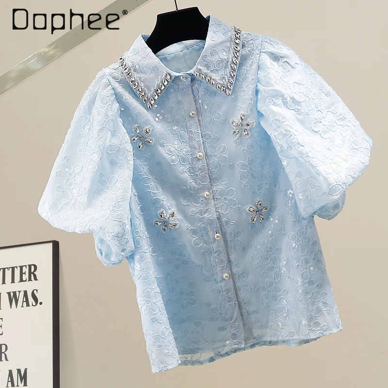 Fashion Heavy Industry Diamond Flower Embroidery Temperament Lapel Shirt Korean Ins Loose Versatile Short-sleeved Top Trendy
Fashion Heavy Industry Diamond Flower Embroidery Temperament Lapel Shirt Korean Ins Loose Versatile Short-sleeved Top Trendy