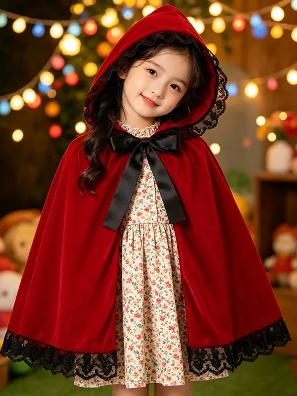 Halloween Christmas Red Lace Hooded Short Cloak Little Red Riding Hood Unisex Children's Robe Polyester Material Ethnic Costume
Halloween Christmas Red Lace Hooded Short Cloak Little Red Riding Hood Unisex Children's Robe Polyester Material Ethnic Costume