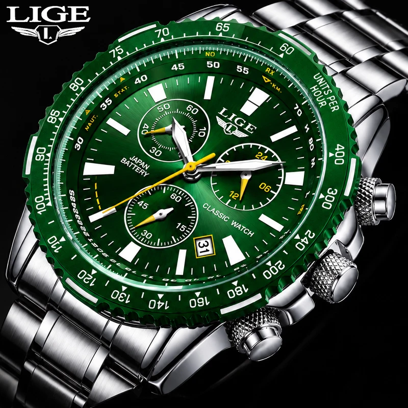 LIGE New Green Big Dial Watch Men Top Brand Luxury Fashion Mens Watches Military Waterproof Chronograph Quartz Wristwatch Clock
LIGE New Green Big Dial Watch Men Top Brand Luxury Fashion Mens Watches Military Waterproof Chronograph Quartz Wristwatch Clock