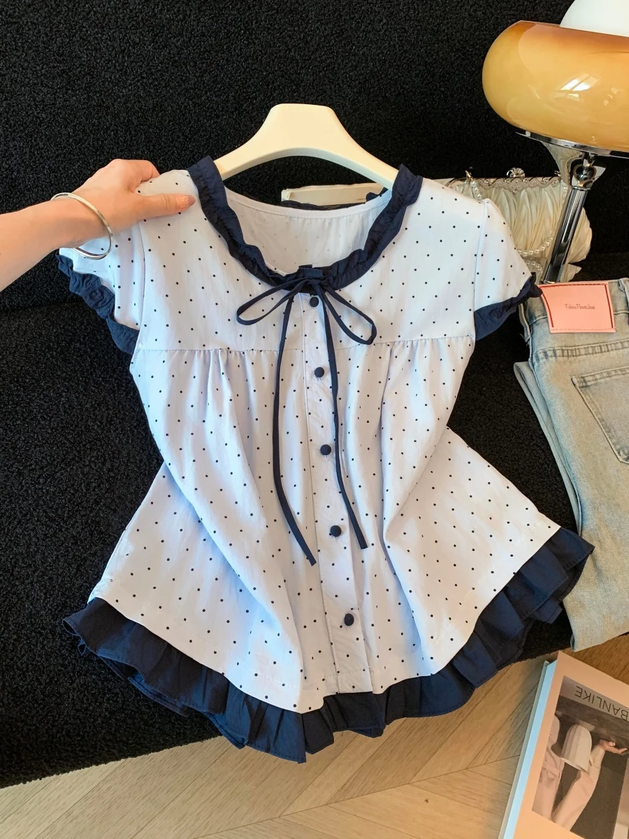 Blue Polka Dot Color Block Shirt Women's Summer New Unique Attractive Wood Grain Bow Tie Bubble Sleeve Short Sleeve Top
Blue Polka Dot Color Block Shirt Women's Summer New Unique Attractive Wood Grain Bow Tie Bubble Sleeve Short Sleeve Top