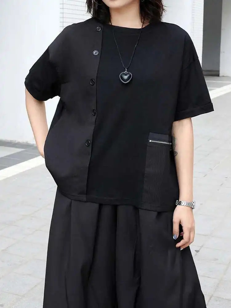 Women Black Zipper Pocket Irregular Big Size T-shirt New Round Neck Short Sleeve Fashion Tide Spring Summer
Women Black Zipper Pocket Irregular Big Size T-shirt New Round Neck Short Sleeve Fashion Tide Spring Summer