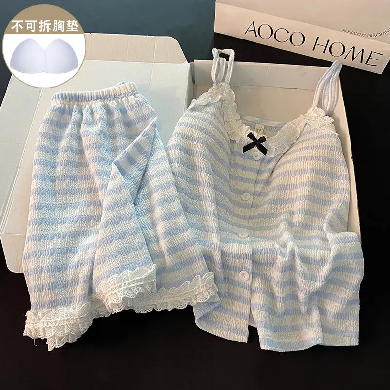 Striped Sleepwear Women Pajama Sets Lace Korean Piiama Summer Home Suit Casual Shorts Sets 2 Pieces Spaghetti Strap Night Wears
Striped Sleepwear Women Pajama Sets Lace Korean Piiama Summer Home Suit Casual Shorts Sets 2 Pieces Spaghetti Strap Night Wears