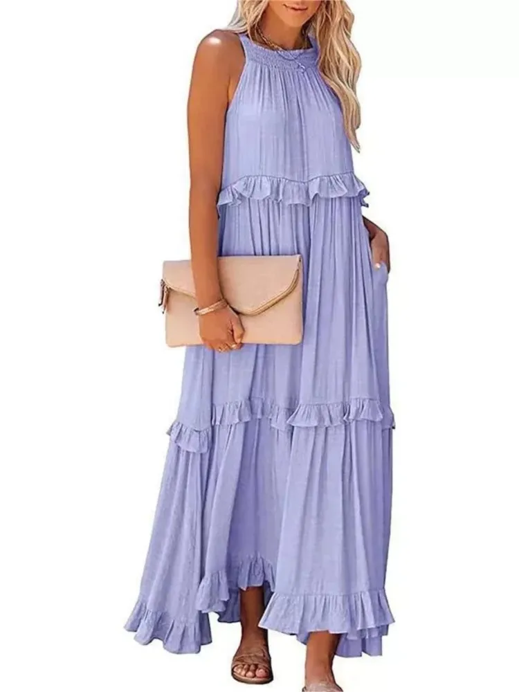 Spring Summer Women's Clothing Style Solid Color Vacation Fashion Ruffle Edge Casual Round Neck Big Swing Beach Skirt Long Skirt
Spring Summer Women's Clothing Style Solid Color Vacation Fashion Ruffle Edge Casual Round Neck Big Swing Beach Skirt Long Skirt