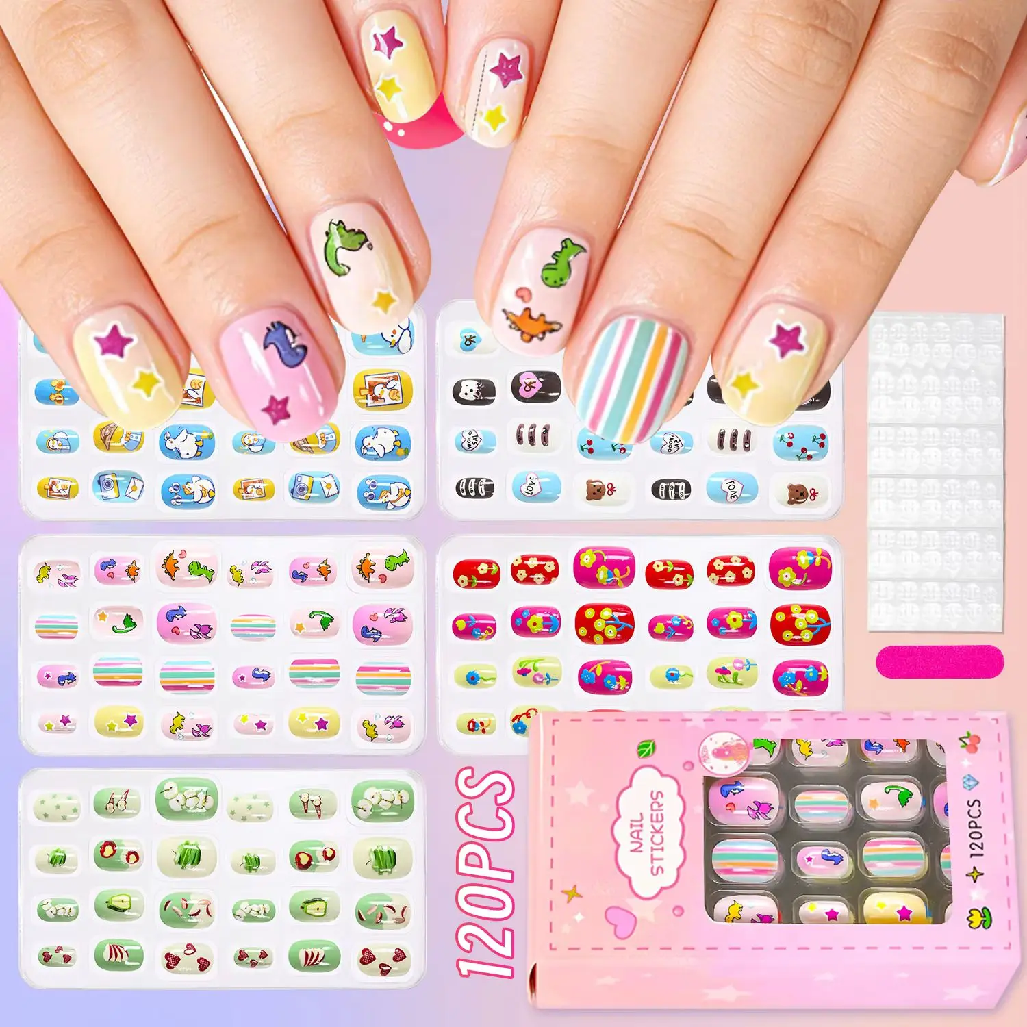 120PCS Cute Dinosaur & Rainbow Star Pattern Fake Nail Colorful Cartoon Press on Nails Full Cover False Nail for Girls Daily Wear
120PCS Cute Dinosaur & Rainbow Star Pattern Fake Nail Colorful Cartoon Press on Nails Full Cover False Nail for Girls Daily Wear