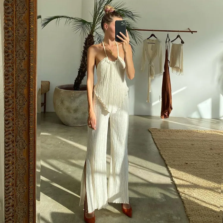 Beach Vacation Backless Split Wide Leg Pants Set Spicy Girl Pure Desire Holiday Outfit Polyester Fabric Summer Collection
Beach Vacation Backless Split Wide Leg Pants Set Spicy Girl Pure Desire Holiday Outfit Polyester Fabric Summer Collection