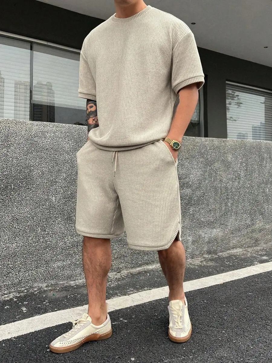 Mens Solid Color Ribbed Knit Elastic Waist T-Shirt And Shorts Set Summer Casual
Mens Solid Color Ribbed Knit Elastic Waist T-Shirt And Shorts Set Summer Casual