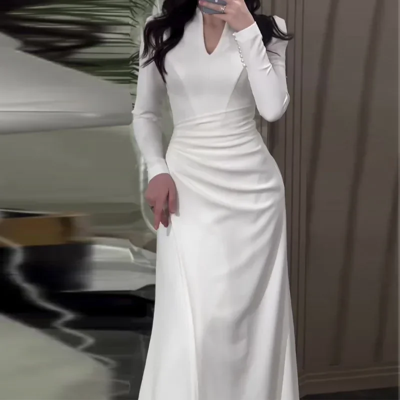 Korean Spring Summer New Solid Color Slim Fit V Neck Elegant Dress For Women's Gentle Style Pleated Long Sleeved Dress Y2k
Korean Spring Summer New Solid Color Slim Fit V Neck Elegant Dress For Women's Gentle Style Pleated Long Sleeved Dress Y2k