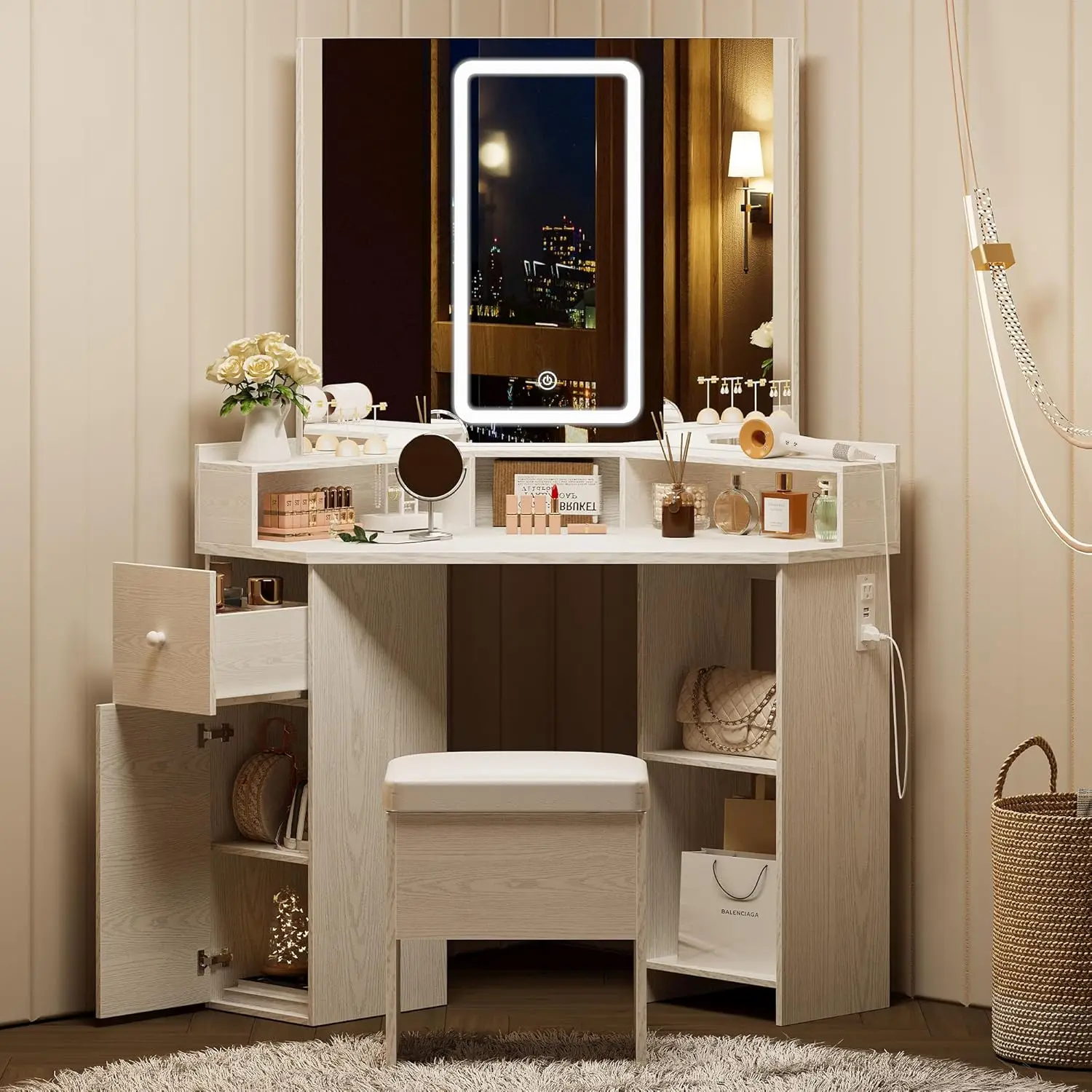 Vanity Desk Set with 3-Folding Lighted Mirrors, Makeup Vanity Table with Charging Station, 7 Storage Shelves and Storage Bench
Vanity Desk Set with 3-Folding Lighted Mirrors, Makeup Vanity Table with Charging Station, 7 Storage Shelves and Storage Bench