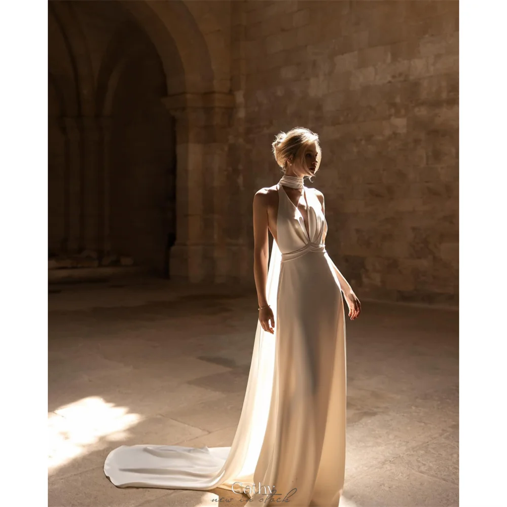 Cathy Ivory Halter Neck Long Streamers Wedding Dress A-line With Chapel Train vestidos de noiva Backless Customized Formal Gown
Cathy Ivory Halter Neck Long Streamers Wedding Dress A-line With Chapel Train vestidos de noiva Backless Customized Formal Gown