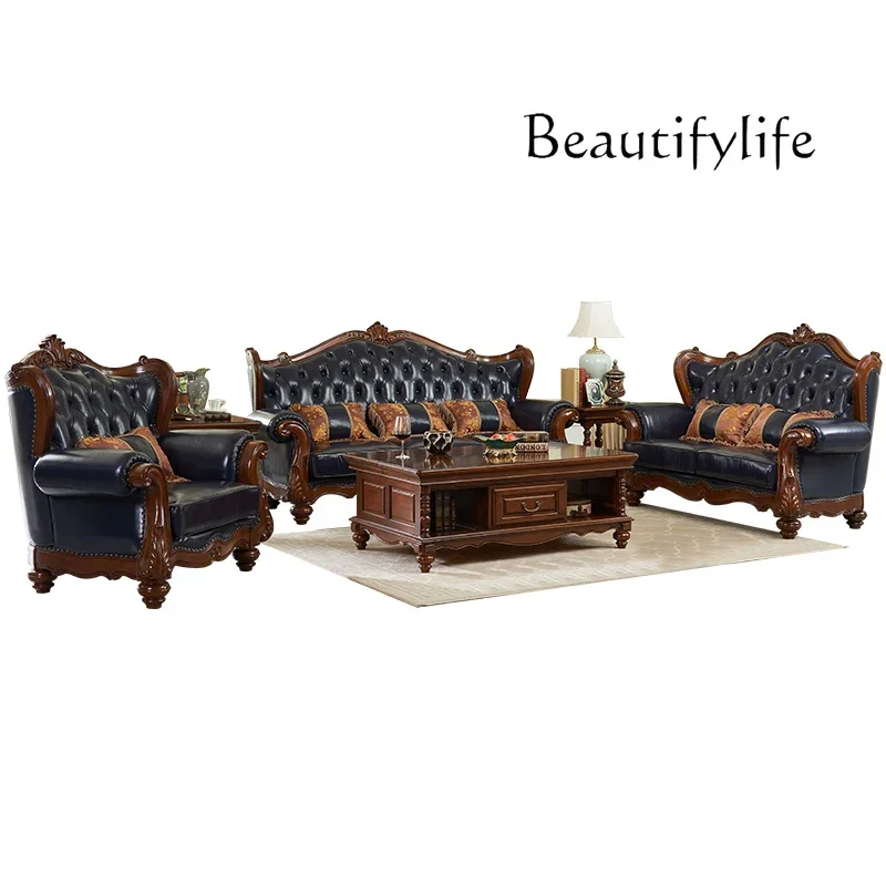 European-style all-solid wood leather sofa first-layer cowhide combination living room villa large-sized furniture log carving 
European-style all-solid wood leather sofa first-layer cowhide combination living room villa large-sized furniture log carving