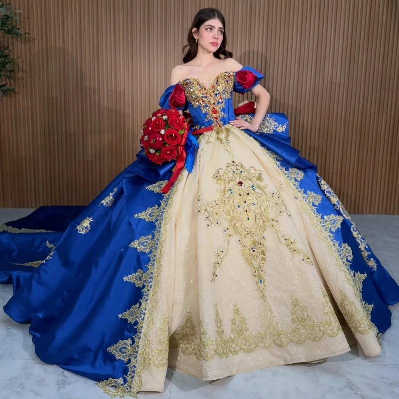 Royal Blue Shiny Ball Gown Quinceanera Dresses Gold Applique Lace Beading Crystal Bow Tull Corset Off The Shoulder Sweet 16 Dres
Royal Blue Shiny Ball Gown Quinceanera Dresses Gold Applique Lace Beading Crystal Bow Tull Corset Off The Shoulder Sweet 16 Dres