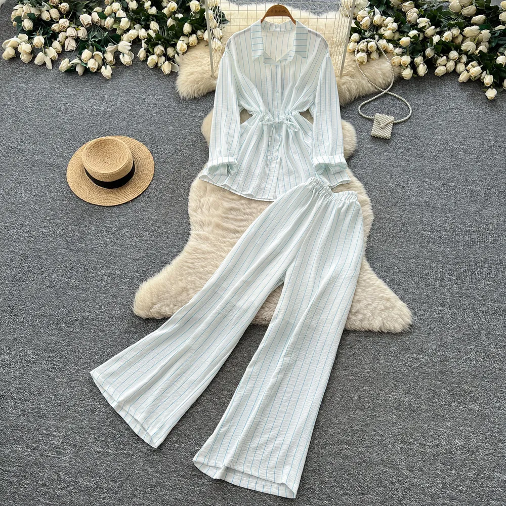 Pant Set Women Two Piece Sets Turn Down Collar Full Sleeve Shirt Striped Wide Leg Long Pants Lace Up Elastic Waist Y2k 2026
Pant Set Women Two Piece Sets Turn Down Collar Full Sleeve Shirt Striped Wide Leg Long Pants Lace Up Elastic Waist Y2k 2026