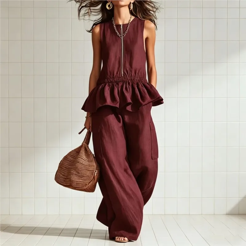 Casual Versatile Summer 2 Piece Set Elegant O Neck Sleeveless Zipper Peplum Tank Top+Wide Leg Pants Suit Women Streetwear Outfit
Casual Versatile Summer 2 Piece Set Elegant O Neck Sleeveless Zipper Peplum Tank Top+Wide Leg Pants Suit Women Streetwear Outfit