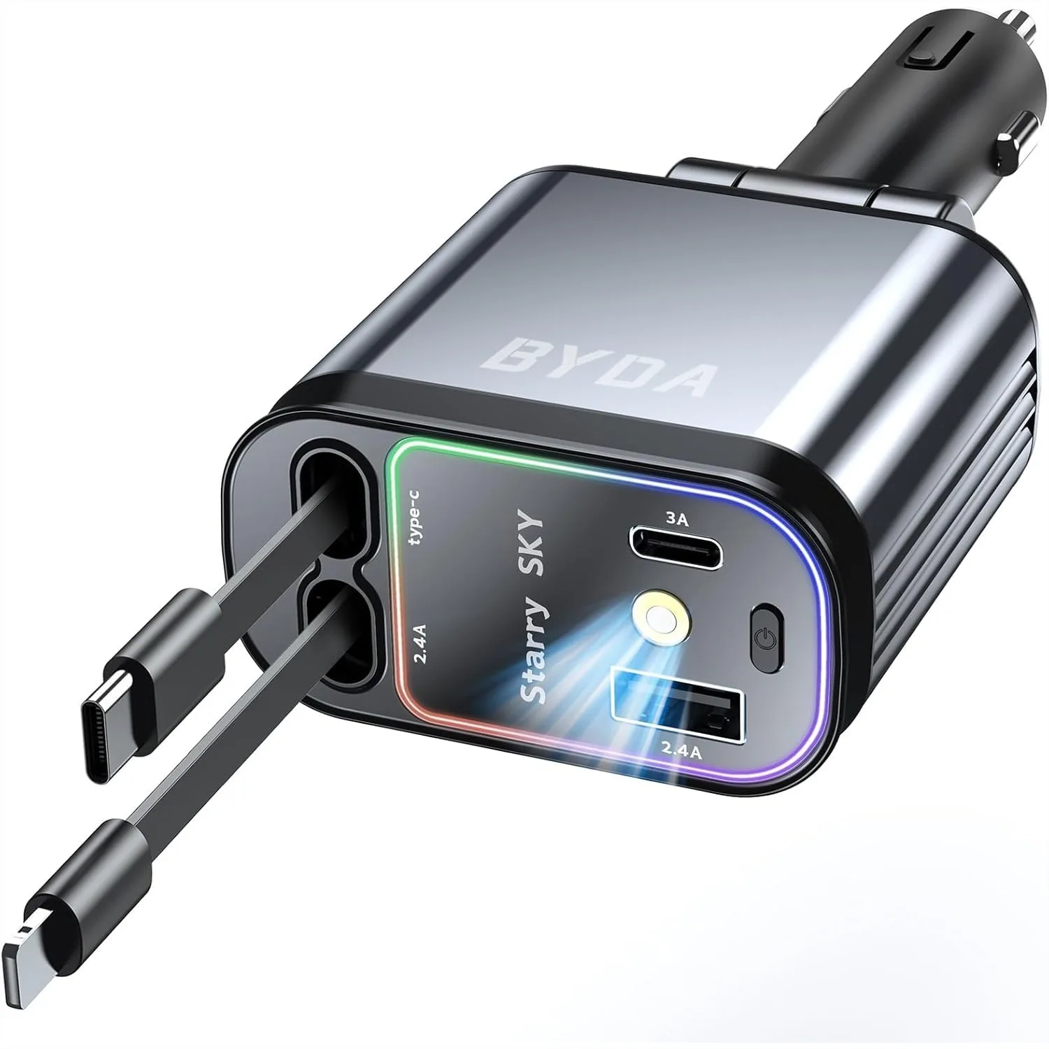 69W USB-C Fast Car Charger with Starry Light, Retractable 4-in-1 Design for iPhone and Android, Convenient Cigarette Lighter
69W USB-C Fast Car Charger with Starry Light, Retractable 4-in-1 Design for iPhone and Android, Convenient Cigarette Lighter