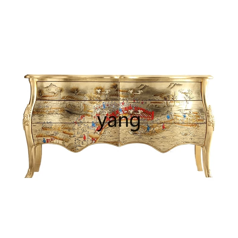yjq gold foil painted Qingming Shanghe picture solid wood entry foyer decorative furniture porch cabinet
yjq gold foil painted Qingming Shanghe picture solid wood entry foyer decorative furniture porch cabinet