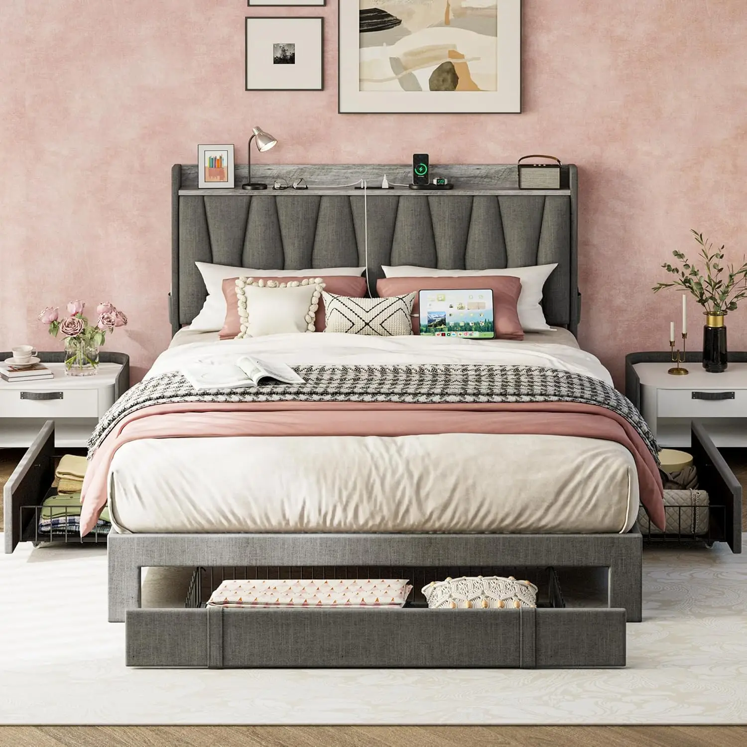 Full Size Bed Frame with 3 Drawers, Upholstered Platform Bed with Storage Headboard and Charging Station
Full Size Bed Frame with 3 Drawers, Upholstered Platform Bed with Storage Headboard and Charging Station