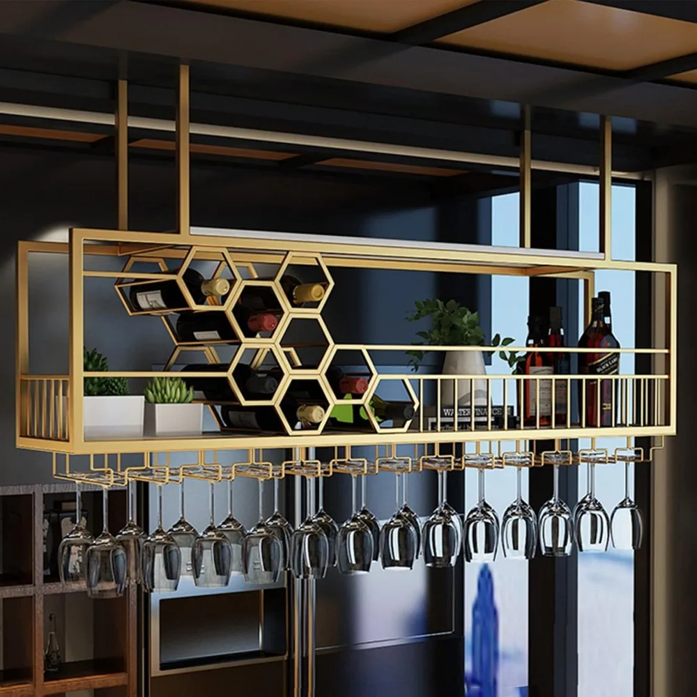 Gold Ceiling Mounted Wine Bottle Rack, Bar Liquor Shelves Shelf with Glass Holder, Hanging Display Rack for Home Bar Dining Room
Gold Ceiling Mounted Wine Bottle Rack, Bar Liquor Shelves Shelf with Glass Holder, Hanging Display Rack for Home Bar Dining Room
