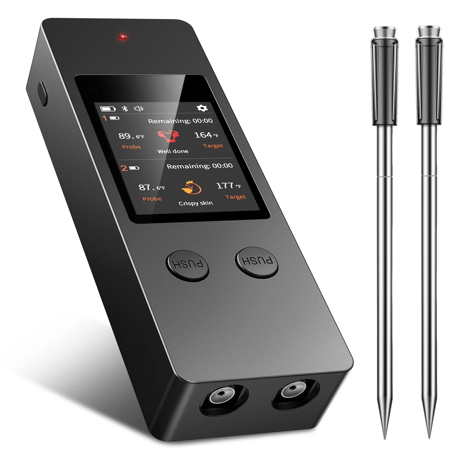 Smart Bluetooth wireless meat thermometer, dual stainless steel probes, IP68 waterproof, USB powered, suitable for oven
Smart Bluetooth wireless meat thermometer, dual stainless steel probes, IP68 waterproof, USB powered, suitable for oven