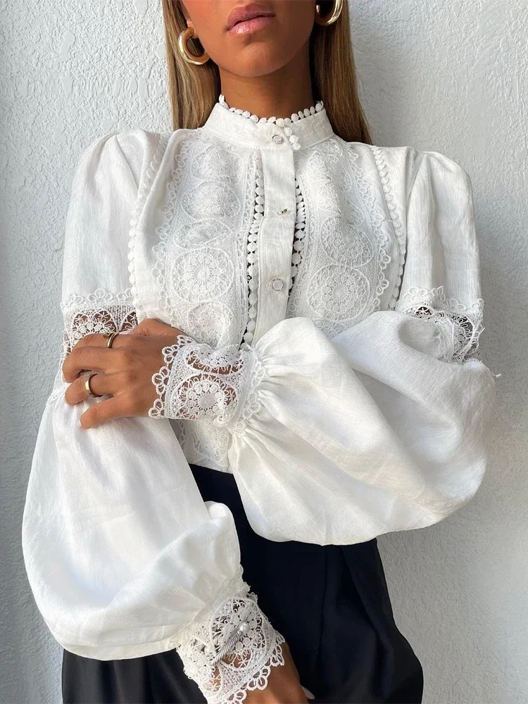White Lace Blouses Women Elegant Solid Casual Lace and Button Hook Flower Hollow Puff Sleeves Blouse Top Lady Office Shirts
White Lace Blouses Women Elegant Solid Casual Lace and Button Hook Flower Hollow Puff Sleeves Blouse Top Lady Office Shirts
