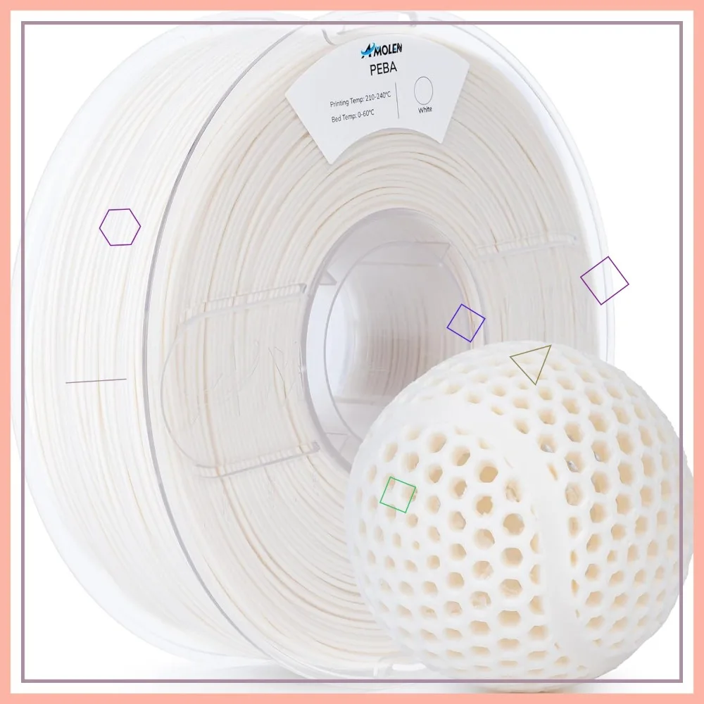 Flexible PEBA 90A 3D Printer Filament 1.75mm, High Rebound Lightweight for Sports Robotics Drones, White 1kg
Flexible PEBA 90A 3D Printer Filament 1.75mm, High Rebound Lightweight for Sports Robotics Drones, White 1kg