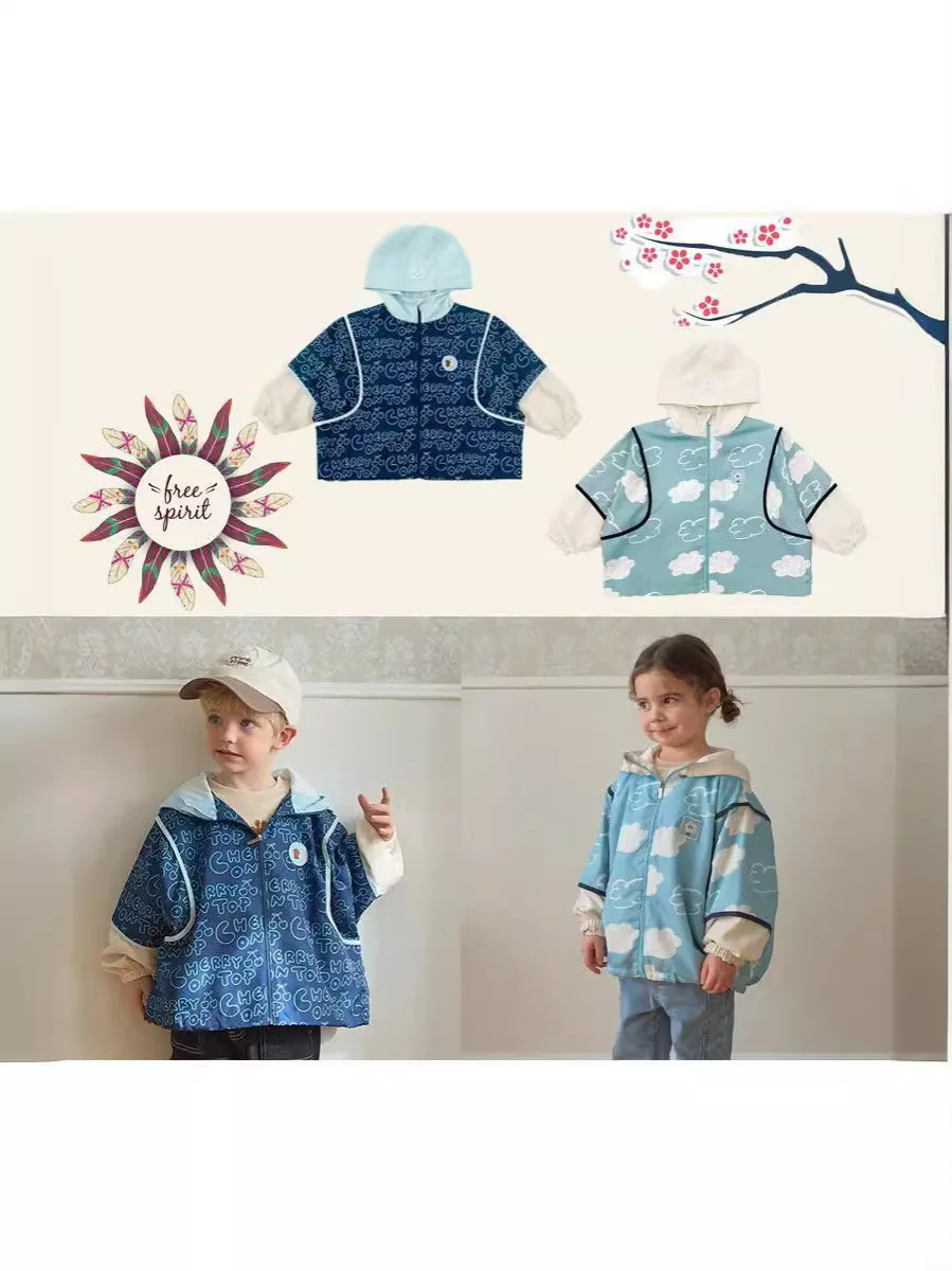 

Jenny&Dave Pre sold Boys and Girls' Coat 2024 Spring New Children's Trend Neutral Full Print English Cloud Windbreaker Coat for