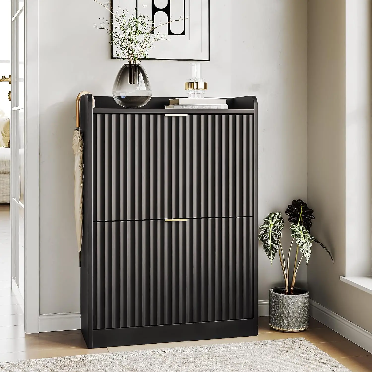 Black Fluted Shoe Cabinet 2 Flip Drawers Narrow Entryway Freestanding Adjustable Shelves 3-Tier 12-Pair, Customized
Black Fluted Shoe Cabinet 2 Flip Drawers Narrow Entryway Freestanding Adjustable Shelves 3-Tier 12-Pair, Customized