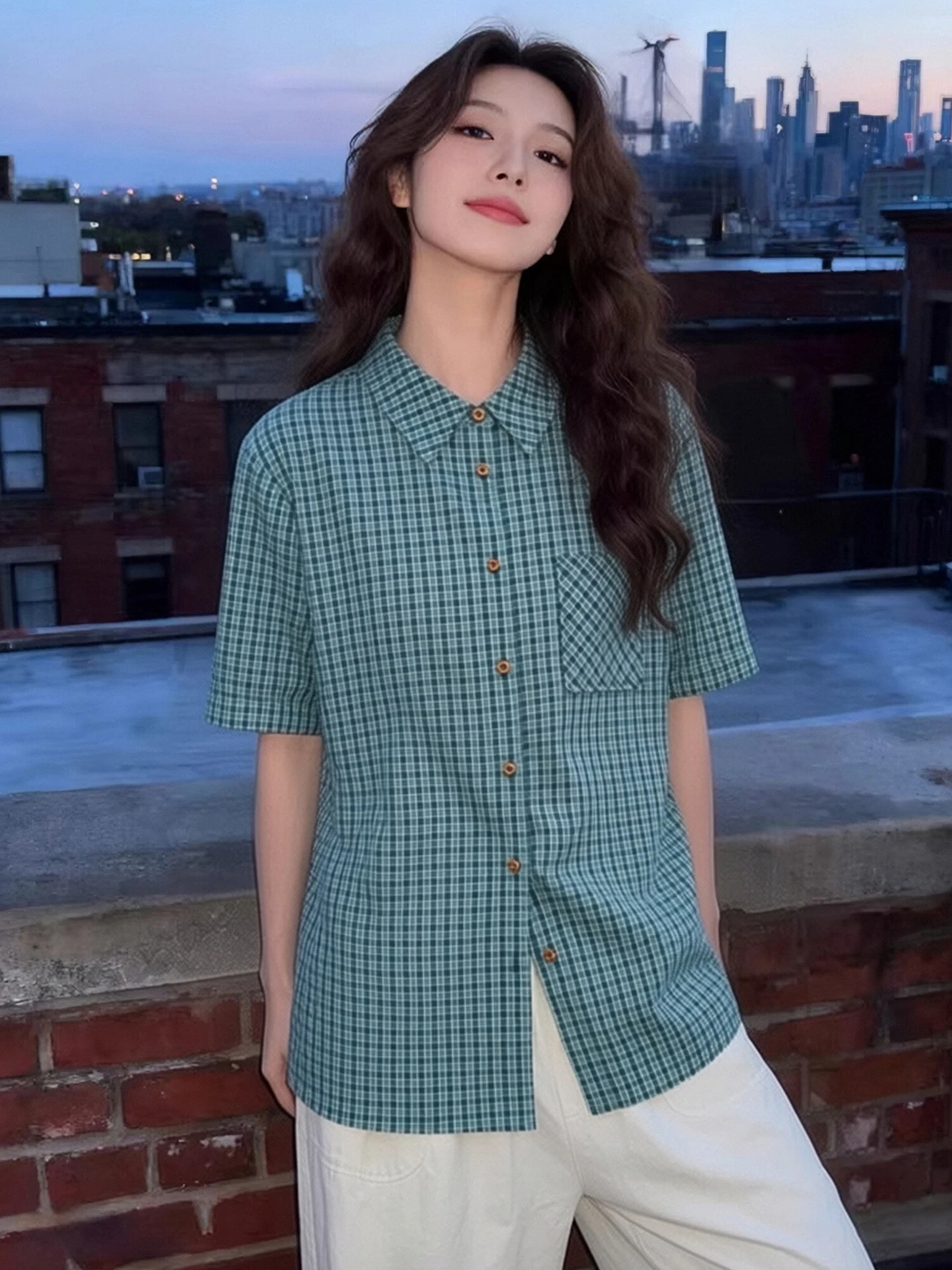 Green Plaid Short Sleeve Shirt Women's Summer Turn-down Collar Loose Versatile Preppy Unique Top Casual Style Button Closure
Green Plaid Short Sleeve Shirt Women's Summer Turn-down Collar Loose Versatile Preppy Unique Top Casual Style Button Closure